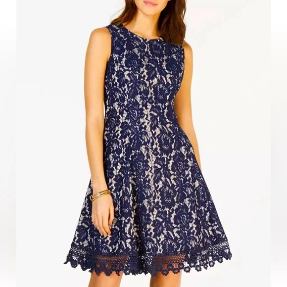 DONNA RICCO NEW YORK Womens Formal Dress Size 10 Navy Crochet Trim Fit &  Flare